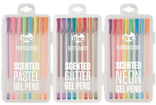 Tinc Scented Gel Pens | 3 Sets of 8 | Fluorolicious, Glitterarty, & Pastelicious | 24 Fruity Fragranced Liquid Gel Pens with Carry Cases | Fun Neon, Glitter, & Pastel Colours for Kids, Boys & Girls