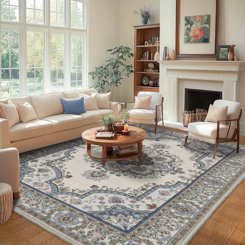 Teppich Wohnzimmer Waschbarer 140x200cm, Boho Blumen Kurzflor Wohnzimmerteppich Groß Teppich für Esszimmer Schlafzimmer Büro, Waschbar rutschfest Teppiche Orientalischer Vintage Design, Blau-weiß