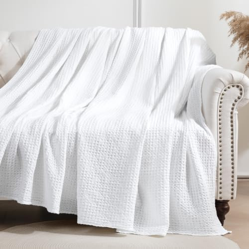 Sonive Baumwolle Waffledecke Kuscheldecke 228x228cm Oeko-TEX® Weiß | Weiche Warme Wohn- & Kuscheldecke, Leichte Sofadecke Couchdecke perfekt für das ganze Jahr