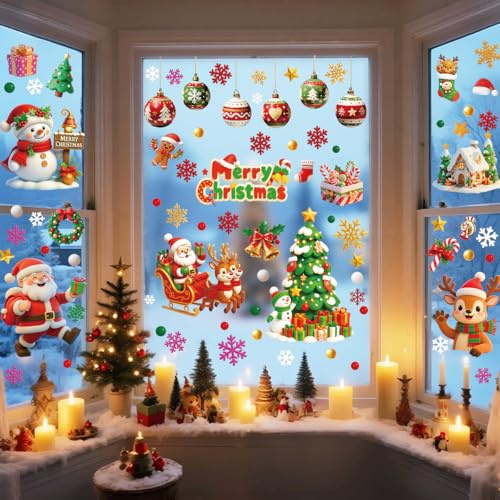 YULOONG 112 PCS Christmas Decorations Window Clings Santa Claus Xmas Tree Snowflake Snowman Deer Penguin Double Side Decals Ornament Display Window Wall Door Decor Reusable DIY Static Stickers