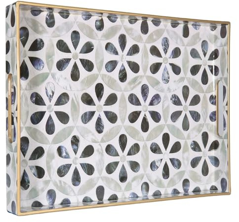 Heaven4you Luxury Elegant Decorative Rectangular Serving Tray with Handles – Gloss Finish, Gold Trim – For Coffee Table, Vanity, Kitchen or Ottoman – Multiple Designs 40x30x4cm (Black Floral)