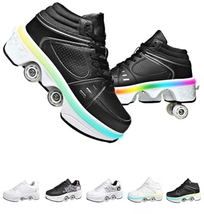 Schuhe Mit Rollen für Mädchen, Rollschuhe Damen Mit Einziehbaren Rädern,Roller Skate Shoes Als Weihnachts- und Geburtstagsgeschenke (Black with Light, 35)