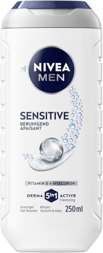 NIVEA MEN Sensitive Duschgel, milde Pflegedusche für empfindliche Haut, beruhigendes Männer Duschgel mit Vitamin E und Hyaluron, für Körper, Gesicht und Haar (250 ml)