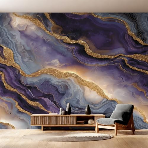 Purple Gold Marble Wallpaper for Living Room, Abstract Marble Wall Mural for Bedroom 250x175 cm, Non-Woven Photo Wallpaper, Home Decor D&O188