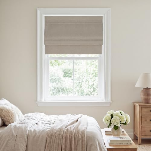 PONY DANCE Leinenoptik Raffrollo ohne Bohren 1 Stück H140 x B70 cm | Sandfarben, 100% Blickdicht, Magnetisch, mit Klettband, Roman Blind, Einfache Installation, für Fenster, Landhausstil