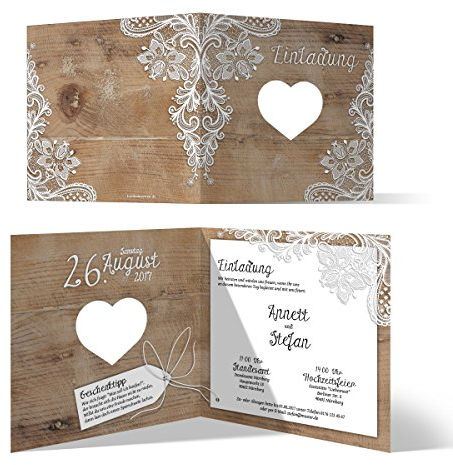 Individuelle Hochzeit Einladungskarten ab 10-100 Stück Hochzeitskarten Hochzeitseinladungen - Rustikal mit weißer Spitze mit Herzstanze, dickes 300g/qm Papier, 148x148mm, passende Umschläge optional