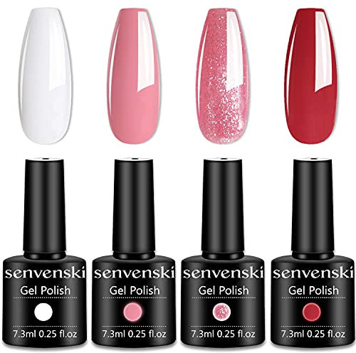 Senvenski Nude Pink Gel Nail Polish Kit - UV/LED Soak Off Nail Art Set with White Red Light Rose Blush Nude Pink Glitter Colours | Manicure Gift Kit for Women, Professional Salon Home Use(CS001)