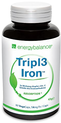 EnergyBalance Tripl3 Iron - Eisen Kapseln - 3 Eisen Arten in einem - VitaminC und Minerale - bei Eisenmangel - 100% reine Zutaten - Vegan, Glutenfrei, ohne Zusätze - 60 VegeCaps à 582 mg