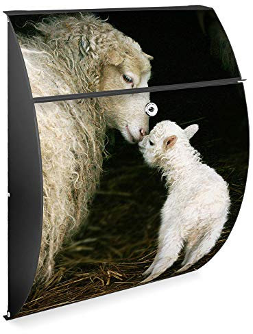 banjado Design Briefkasten - Modell Riviera 46x33,5x13cm groß - verzinkter Stahl anthrazit - Postkasten Öffnungsstopp großer A4 Einwurf Zylinderschloss 2 Schlüssel - Motiv Schaf Und Lamm