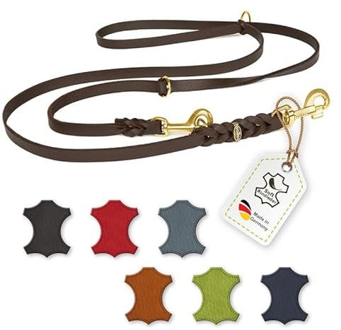 Hundeleine Leder 2m mittelgroße Hunde Fettlederleine [3-Fach Verstellbar] Lederleine geflochten – robuste Leine Hund mit Messingbeschlägen – Führleine Hund & Freihandleine – Dog Leash Braun 12mm