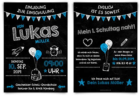 Kartenmachen.de Personalisierte Einschulung Einladungskarten Schulanfang individuell Einladungen - Tafel Blau