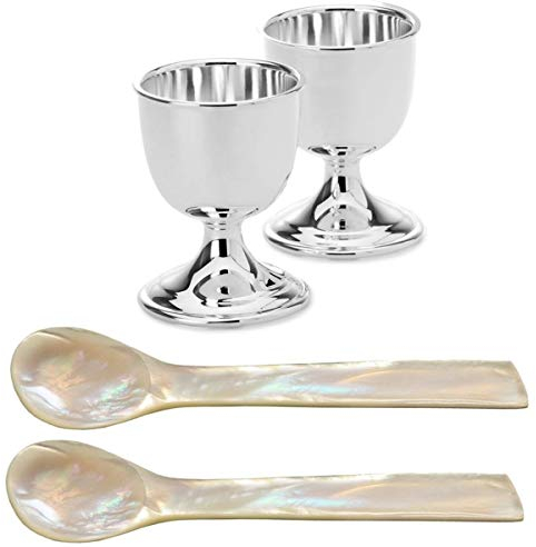 SILBERKANNE 2 Stück Kaviarlöffel Eierlöffel L 12 cm aus Perlmutt mit 2 Stück Eierbecher aus Silber Plated versilbert 4er Set in Premium Verarbeitung