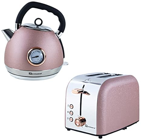 SQ Professional Epoque Breakfast Set 2pc Kettle with Rose Gold Accents & Temperature Display 2200W - 2 Slice Toaster with Rose Gold Accents, High-Lift, Wide Slots & 6 Browning levels 900W (Pink)