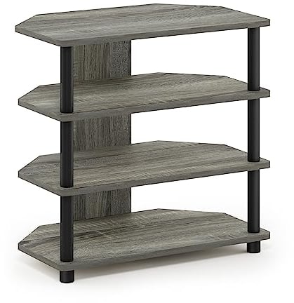 Furinno Drehrohr Easy Assembly 4-stöckig Petite TV Ständer, französische Eiche Grau/Schwarz