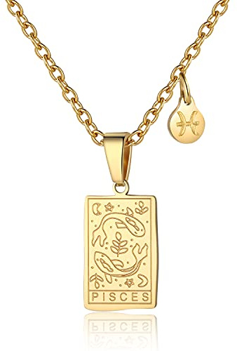 Zodiac Sign Necklace for Women Constellation Tarot Card Pendant Double Sided Gold Stainless Steel Waterproof NonTarnish Friendship Jewelry Gift(Pisces)
