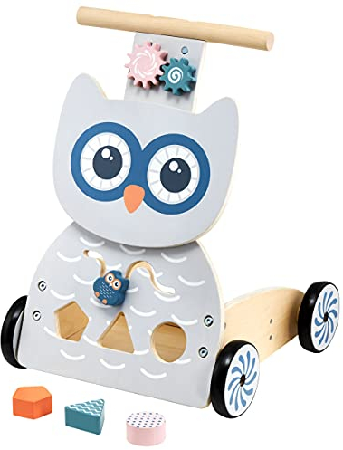 Mamabrum Baby Walker aus Holz, Spielzeug zum Mitschieben für 1 Jahr mit Formsortierer & Aufbewahrung, Kleinkind-Lernaktivitätswagen, Spaziergänger für Babys