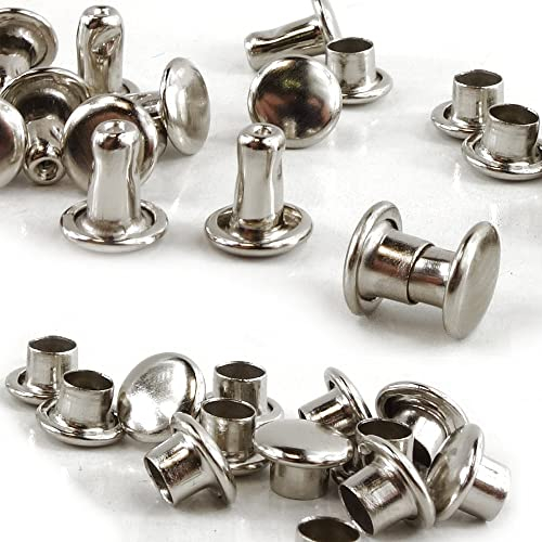 100 Stück Hohlnieten 6mm Stiftlänge, silber, Doppelholnieten, Nieten mit Doppelkappe Ober- Unterteil mit geschlossener Kappe, DIY Leder Gürtel Nieten, Gürtelnieten Taschennieten