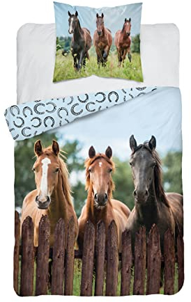 Bettwäsche Set Pferde auf der Koppel Wendebettwäsche 100% Baumwolle, Größe: 140x200 cm, 70x80 cm