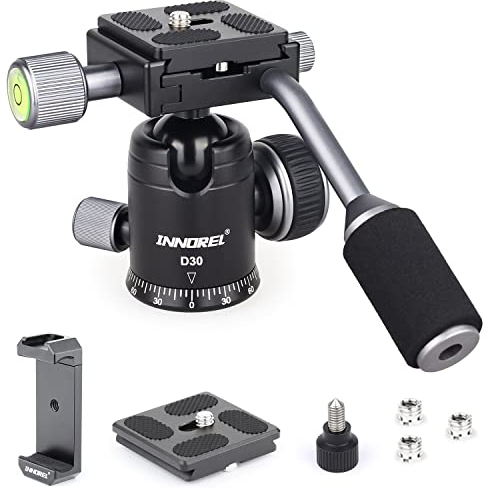 D30 Panorama-Kugelkopf mit Griff, aus Metall, CNC-Kugelkopf-Kamera-Halterung mit 2 Schnellwechselplatten und Handy-Clip für Einbeinstativ, DSLR, Camcorder, DV, max. Belastung 22lb/10kg