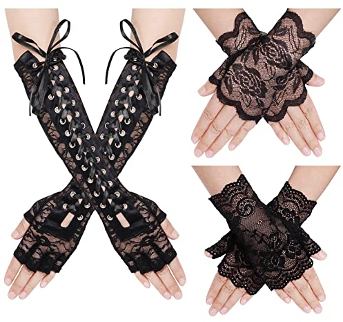 baotongle 3 Paar Spitze Fingerlose Handschuhe Set Damen Lang mit Senkel Opera Fest Party Ellenbogen Schnüren Steam Punk Handschuhe für Fasching Kostüm Hochzeit Maskerade Motto Party