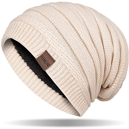 HAMUNI Mütze Damen, Atmungsaktiv Strickmütze Herren, Warme Wintermütze Damen, Street Style Slouch Beanie Mütze Herren, Klassische Unisex Winter Mütze mit Weichem Bequemem Fleece Innenfutter