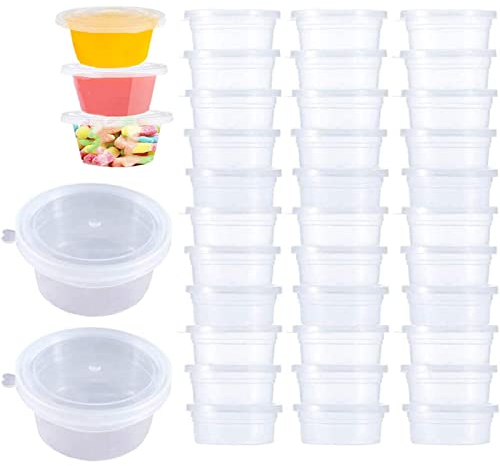 Menmamenma 50 Pack Small Containers with Lids for Storage Slime Containers Sauce Pots Plastic Leakproof Cups for Jars, Dips, Salads, Chutney, Restaurants, Takeaway, Catering (70mmx60mmx30mm)