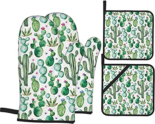 Guanti Da Forno E Presine Da Cucina Set, Piante Di Cactus Messicani Verdi Del Texas Spikes Cartoon Come Stampa Professionale Guanti Da Forno Antiscivolo Guanti Da Cucina