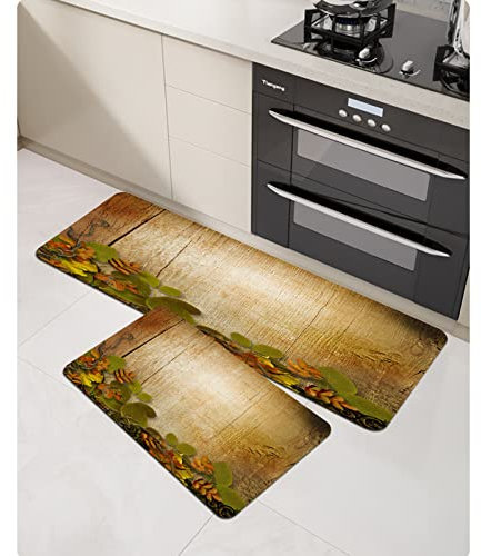 URSOPET Küchenteppich Küchenläufer Küchenmatte,Thanksgiving Wooden Beautiful Autumn Leaves Orange Abstract Album Board Border Branches,Dekoläufer für Küche Flur Teppich Läufer waschbar waschbare