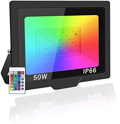 PICAA RGB LED Strahler Außen, 50W Fluter Mit Fernbedienung LED Strahler Außenstrahler IP66 Wasserdicht, 5000LM Außen Strahler Flutlicht für Innen Garten Hinterhof Party(1 Stück)