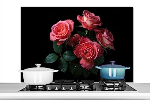 KitchenYeah© Paraschizzi Cucina Alluminio 100x65 cm Pannello Dietro Piano Cottura Fornelli a Gas Paraspruzzi Rose - Rosa - Fiori - Natura - Nero