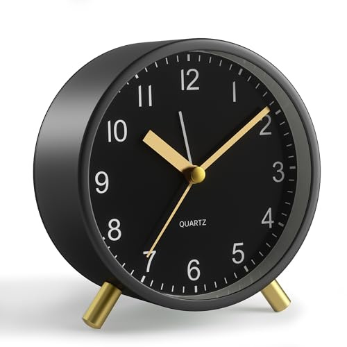 Analog Alarm Clock, 4 inch Super Silent Non Ticking Small Clock with Night Light, Battery Operated, Simple Design, easy setting for Office, Bedroom, Bedside, Desk, teens, elders, kids, adult, Black