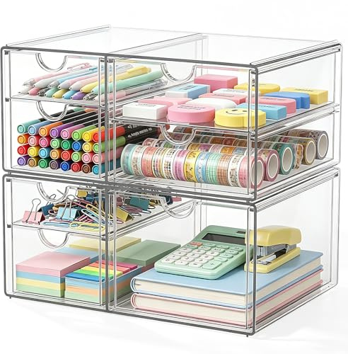 GoMaihe Organisateur de Bureau Acrylique 7 Tiroirs Lot de 2 | Accessoires de Bureau Transparents Organisateur de Tiroir Antipoussière pour Maquillage, Bijoux, Stylos, Papeterie