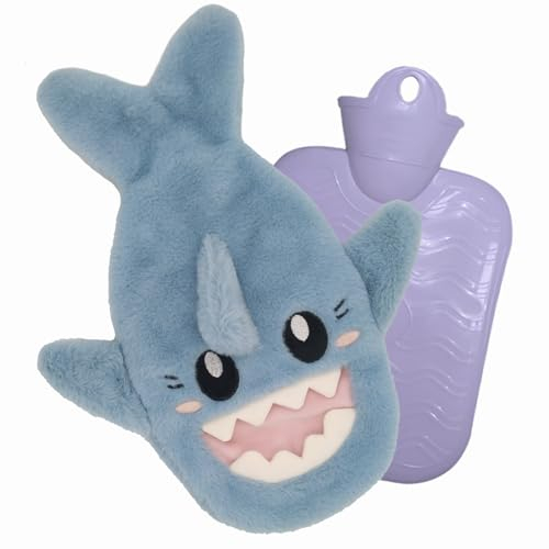 Hot Bottle with Fluffy Cover, Leak-Proof, 1 Litre, Large Hot Water Bag, Bed Bottle, Suitable for Children, Students, Holidays and Birthday Gifts (Blue Shark 1L)