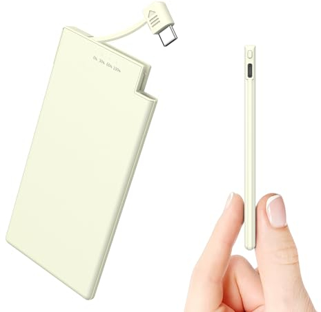 Auskang 5000mAh Power Bank with built-in Type-C Cable, Ultra Slim and Super Lightweight Portable Charger Small External Battery, Compatible with Androids, Samsung, Xiaomi, Sony, etc.- White