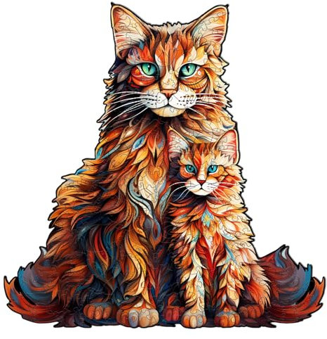 Blumuze Wooden Jigsaw Puzzles 100pcs, Maine Coon Family Wooden Puzzles for Adults, Unique Shaped Animal Wood Puzzles, Cat Wooden Animal Puzzles for Adults Kids with Wood Gift Box, S-8.3 * 8.5in