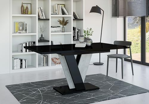 designimpex Design Esstisch PA-888 Schwarz Hochglanz Beton ausziehbar Esszimmer, Farbe:Schwarz Hochglanz - Beton