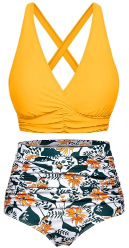 Voqeen Womens Bikini Sets High Waisted 2 Piece Swimsuit Padded Push Up Bikini Top & Bottoms Tummy Control Ruched Bathing Suits Vintage Halter Swimming Costume Beachwear Ladies Swimwear Yellow