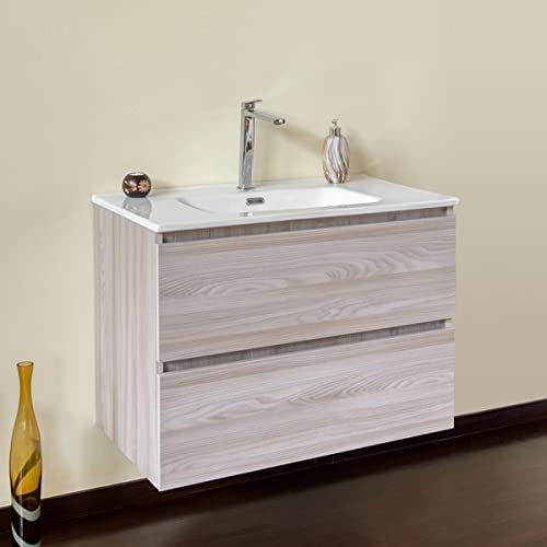 Yellow shop - Mobile bagno sospeso 70 cm 2 cassetti soft close con lavabo e specchio con applique led (opz) CLOÈ Olmo Perla (Mobile con lavabo)
