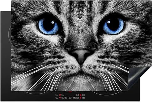 KitchenYeah© Protège Plaque Induction 81x52 cm Deco Cuisine Accessoire Pratique Protection De Vitroceramique Kitchen Gadget Chat - Noir - Blanc - Yeux - Bleu