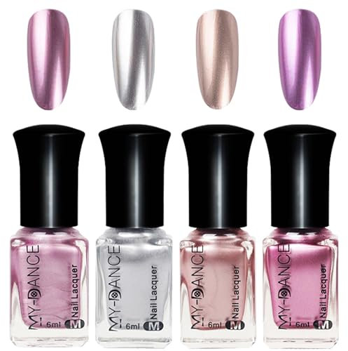 Chrome Nail Polish, 4 Colors Metallic Nail Polish, Pink Silver Gold Nail Varnish, Metal Mirror Effect Metallic Nail Varnish, Long Lasting No UV Needed