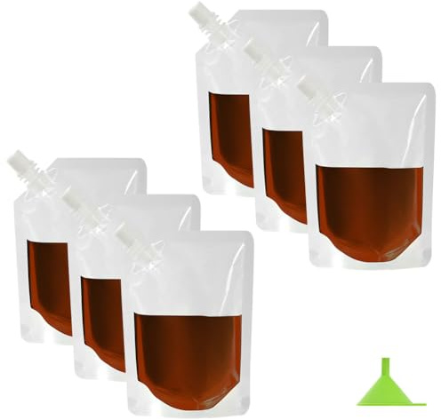 Flintronic 6Pcs 250ml Refillable Drink Pouches for Festivals, Plastic Reusable Hip Flask with Spout, Reusable Juice Bags, Drink Container for Picnic Camping Party Halloween Hot Cold Beverage, Clear