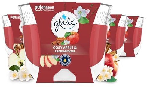 Glade Langanhaltende Duftkerze im Glas, Cosy Apple & Cinnamon, bis zu 30 Stunden Brenndauer, 4er Pack (4x204 g)