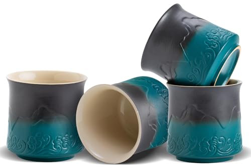 ZENS Japanese Tea Cups Set of 4, 240ml Gradient Embossed Asian Tea Cups for Hot Tea or Matcha Tea, Japan Style Ceramic Tea Cup Handle-Less, Chinese Tea Cups, Occupied Japan Tea Cup, Dark Green