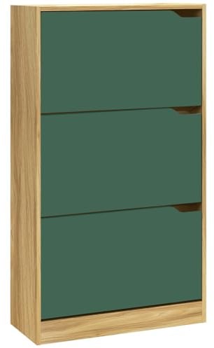 BAKAJI Zapatero Zapatero de Madera MDF con 3 Puertas para Zapatos abatibles, Asas retráctiles, Doble Profundidad, tamaño Compacto, 63 x 24 x 115 cm, Ahorra Espacio en la Entrada de casa (Verde y