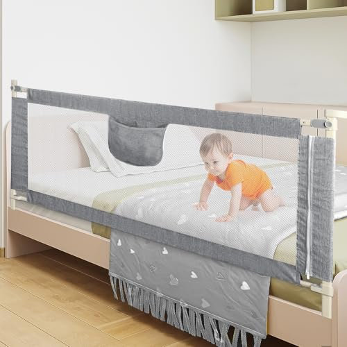 OHMG Bettgeländer,Sicherheitsgitter für Kinder,Sicherheitsgitter für Bett,höhenverstellbar,tragbar,Bettgitter, vertikales Heben,Sicherheitsgitter gegen (1.5M-Grau)