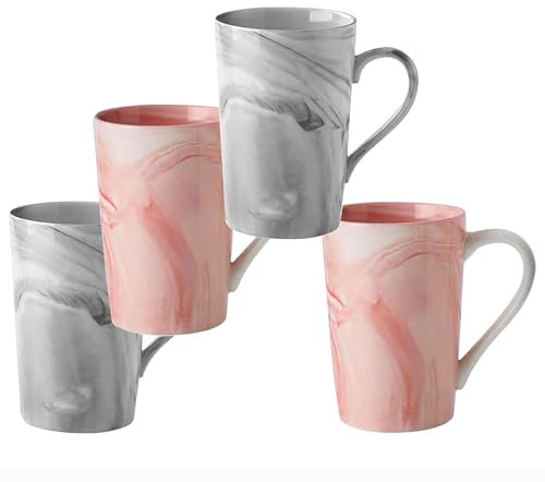 Hylruu 350ml Unique Coffee Mugs, Marble Ceramic Cup for Home and Office, Microwave Dishwasher Safe, Set of 4, 2Gray & 2 Pink