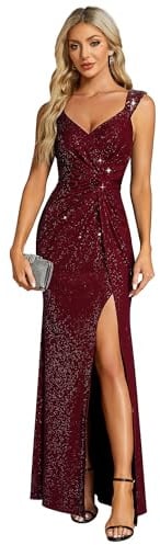 Ever-Pretty Maxi Formal Evening Dress Elegant Sequin V Neck and High Slit Prom Dress Burgundy 14UK