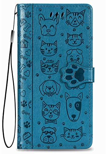 Fertuo Hülle für HMD Pulse Pro/HMD Pulse, Handyhülle Leder Flip Case Tasche mit Kartenfach, Magnet und Standfunktion [Katze Hund Muster] Schutzhülle Cover für HMD Pulse Pro/HMD Pulse, Blau