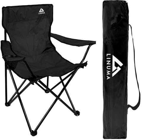 LINUMA® Faltstuhl SCHWARZ Campingstuhl Anglerstuhl mit Getränkehalter & Tragetasche - Anglersessel klappbar - Klappstuhl Gartenstühle Faltstuhl Camping Zubehör Angelsessel faltbar