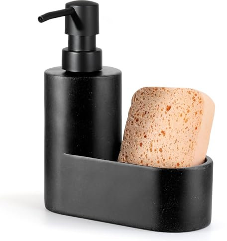 Shinowa Distributeur de Savon de Vaisselle avec Support d'Éponge, Pompe Distributrice de Savon Rechargeable, 2-en-1 Distributeur de Comptoir pour l'Évier de Cuisine, Salle de Bain, Gravier Noir
